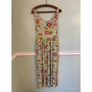 April Cornell S Green Floral Sleeveless MIDI Cottage Core Dress Pockets Stretc